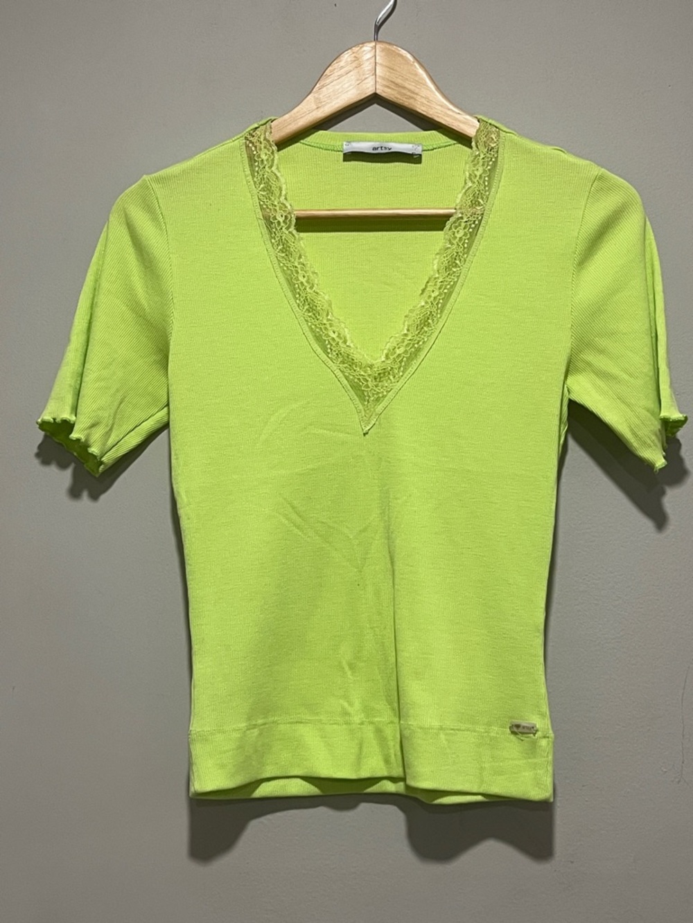 Etro Lime V-Neck Short Sleeve Tee with Lace Trim